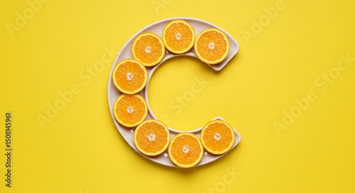 Vitamin C in food concept. Plate in shape of letter C with orange slices on bright yellow background. Ascorbic acid is important for immune system function.