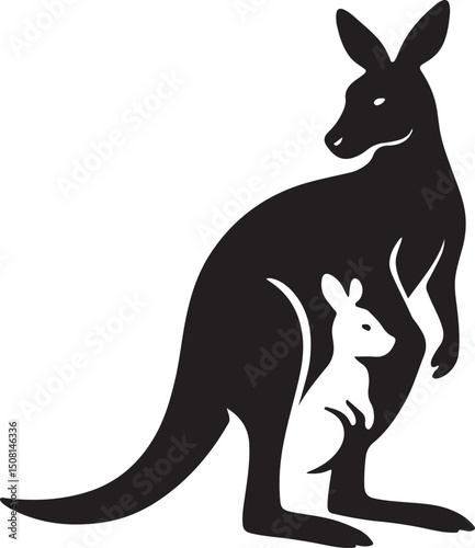 Kangaroo with joey silhouette black white, Mother kangaroo animal profile