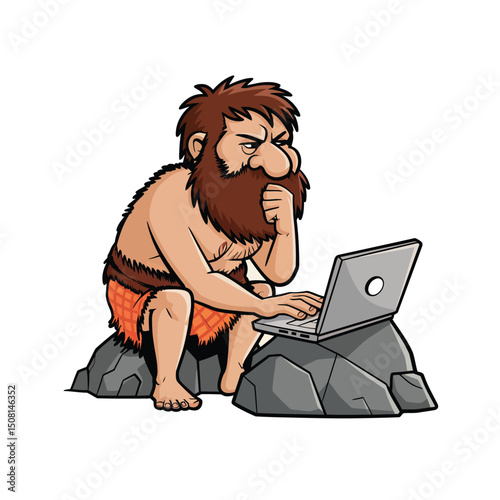Cartoon caveman using a laptop. Vector clip art illustration with simple gradients. All in a single layer.

