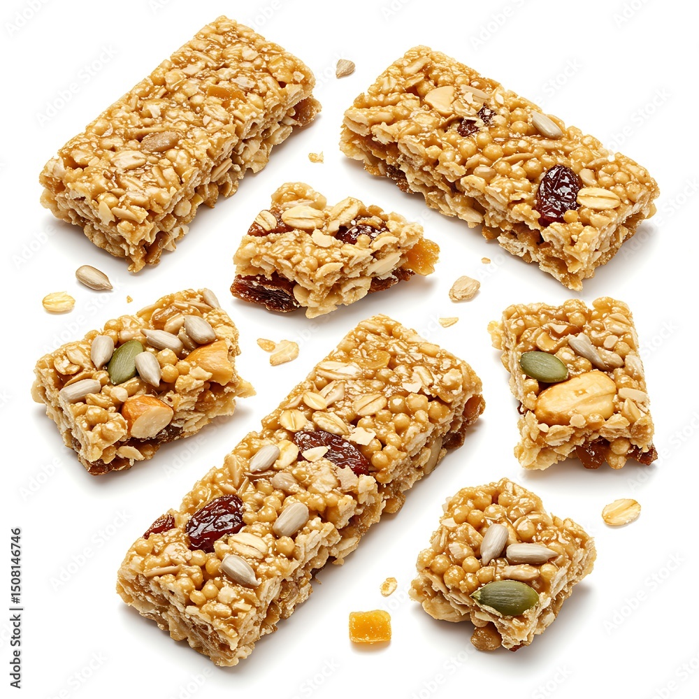Pieces of Crunchy Granola Bars Breaking Apart Isolated on White Background Pieces of Crunchy Granola Bars Breaking Apart Isolated on White Background