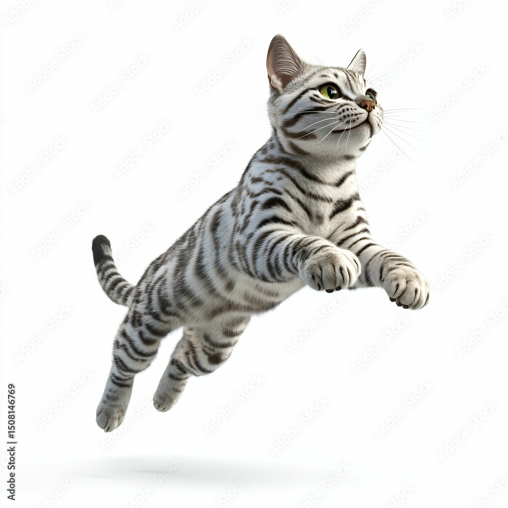 Obraz premium Playful Domestic Cat Leaping in Air with Striking Fur Pattern