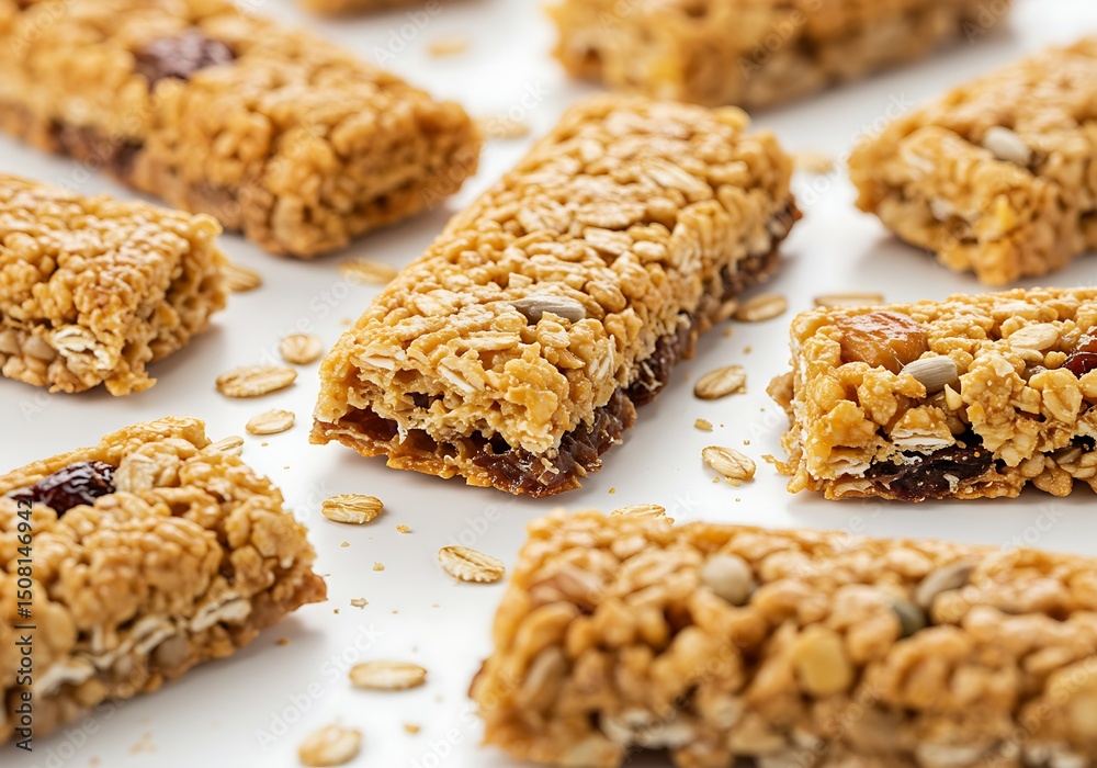 Pieces of Crunchy Granola Bars Breaking Apart Isolated on White Background Pieces of Crunchy Granola Bars Breaking Apart Isolated on White Background