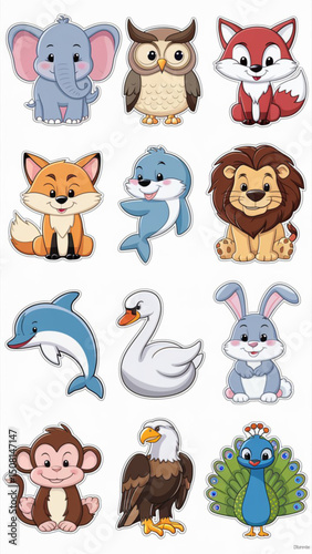 A collage of different animals stickers with different colors