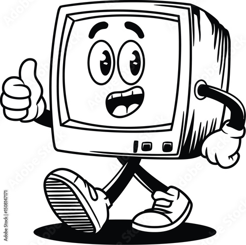 Cartoon groovy computer character or comic retro PC with funky funny face, vector 70s comic art. Groovy retro PC computer with keyboard and happy smiling face on screen display for hipster emoji