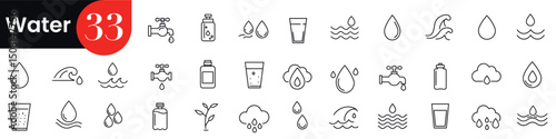 Water icons set - tap, bottle, wave, drop, cloud, plant. Vector illustration