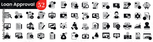 Loan approval icons: financial documents, money management, banking symbols. Vector illustration
