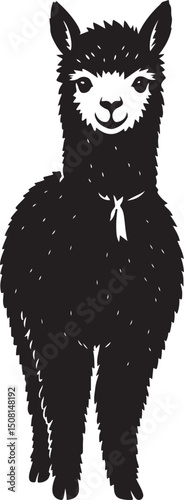 Llama black and white cute silhouette, Fluffy llama adorable pet drawing