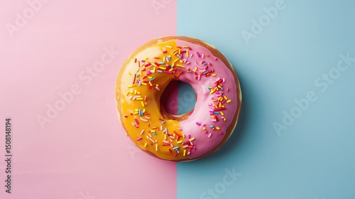 A donut with two different icings and sprinkles on a pink and blue background top down view