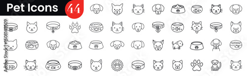 Set of 44 pet icons: cats, dogs, collars, and paw prints in line art style. Vector illustration