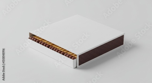 Empty matchbox with wooden matches inside, ready for branding. Blank white box with brown match heads, angled view on neutral background.