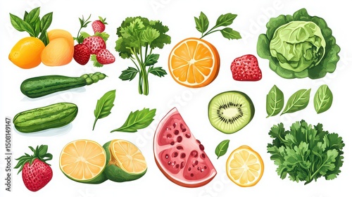 Illustration of various fruits and vegetables including lemons strawberries and zucchini on white