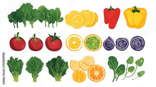 An illustration of various fruits and vegetables arranged in neat rows on a white background