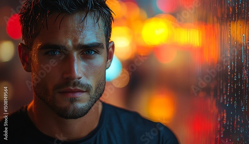 Rainy Window Mockup with Person and Colorful City Bokeh

 photo