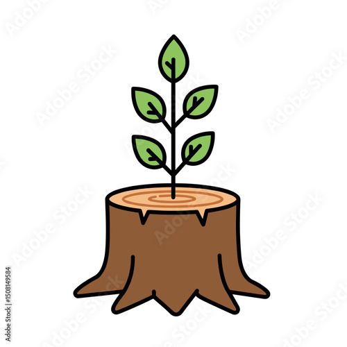 Young tree sprouting from stump representing reforestation