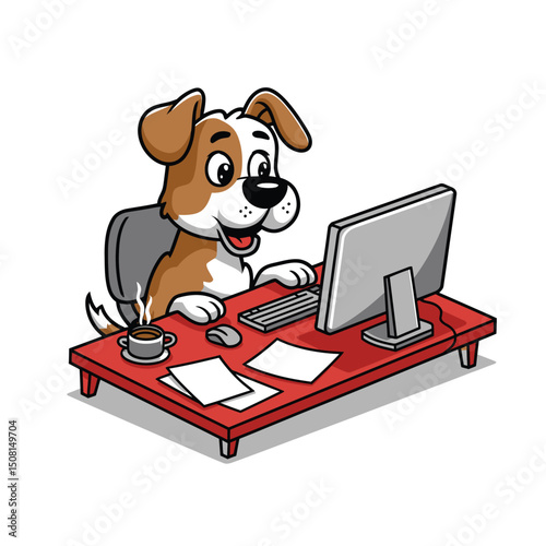 Cute Dog Working at a Computer
