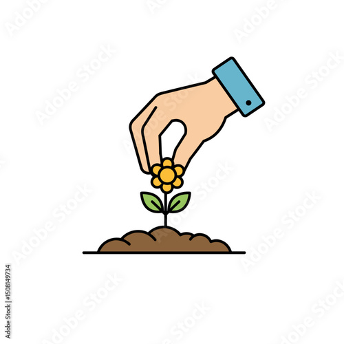 Hand planting yellow flower sustainability icon