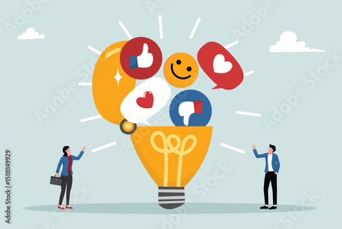 Social media communication. Open lightbulb to see social media positive and negative feedback vision.