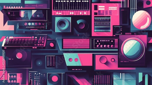 Stylized illustration of audio equipment including mixers speakers and cassette players in pink and teal