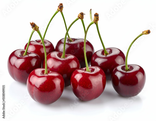 A Handful of Cherries Juicy, Red, and Ripe Cherries Isolated on White