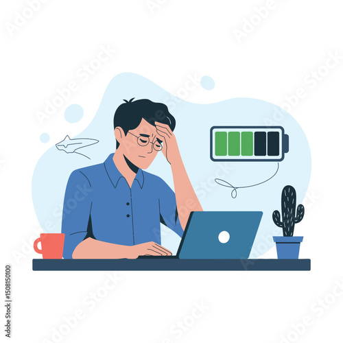 Exhausted man sits at desk with hand on head, working on laptop, low battery icon above, flat style, blue background, concept of burnout. Vector illustration