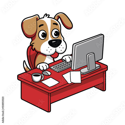 Cute Dog Working at a Computer
