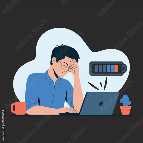 Exhausted man sits at desk with hand on head, working on laptop, low battery icon above, flat style, blue background, concept of burnout. Vector illustration