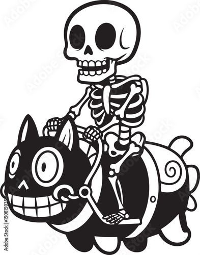 black and white skeleton riding on the back of a stylized, grinning black creature that resembles a fantastical animal or a mechanical toy