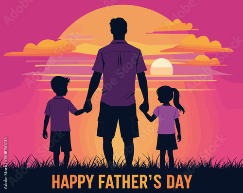 Happy Father's Day Sunset Silhouette with Dad and Kids