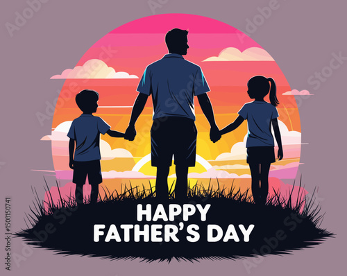 Happy Father's Day Sunset Silhouette with Dad and Kids