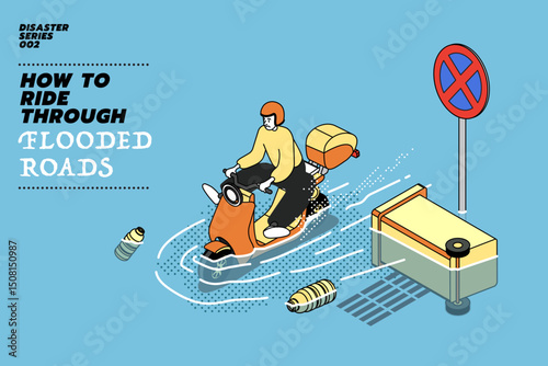 Flat modern illustration concept of flooded car or motorcycle on the street of the city. Street after heavy rain. Floating garbage and car during deluge in high water, overflow and big wave.