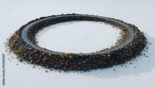 Circular roadbed of asphalt encircled by gravel