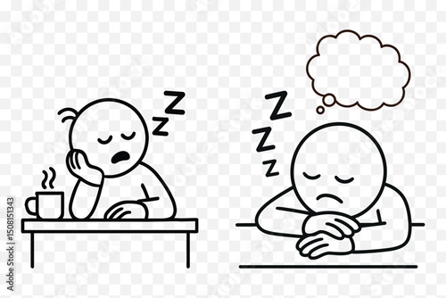 Drowsy Office Worker Line Art – Sleepy Characters with Coffee & Thought Bubble