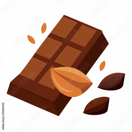 Pieces of dark chocolate bar and almonds food icon on white background.