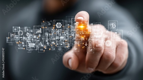 Businessman holding a digital interface of Enterprise Resource Planning software, integrating business functions and optimizing organizational processes