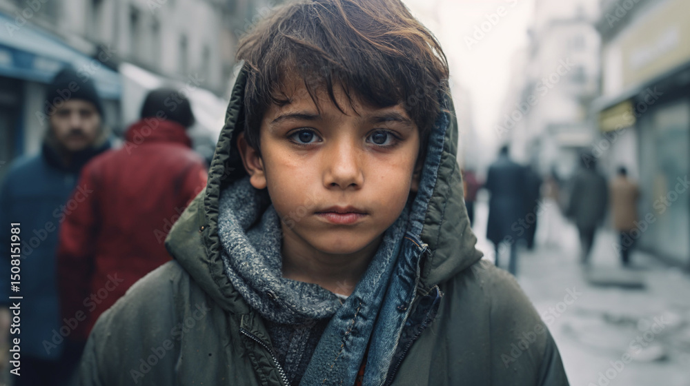 Fototapeta premium young boy in winter coat stands alone on cold city street surrounded by blurred adults in motion
