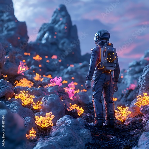 Astronaut exploring a luminous alien landscape.