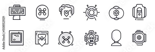 Artificial intelligence user interface line icons set with neural network, data processing, machine learning, automation and biometric concepts on white background