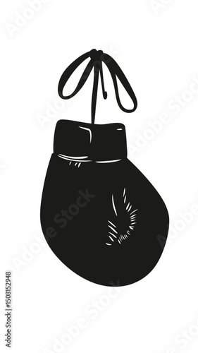 Black silhouette of hanging boxing glove with laces tied in flat minimalist vector style on white background for sports equipment concept design