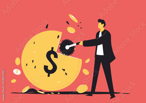 Businessman cutting large golden dollar coin with circular saw blade symbolizing money division financial planning investment and wealth management concept flat vector illustration
