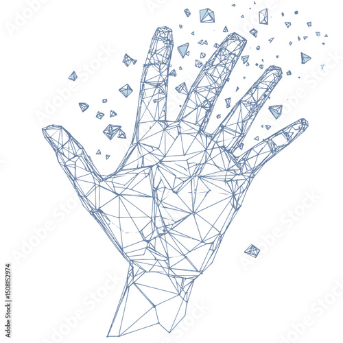 Abstract polygonal wireframe hand with flying geometric debris digital mesh lines technology illustration in blue and white vector style
