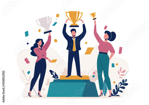 Business people celebrating team success with trophies on podium, male leader holding large cup in formal suit and women colleagues with awards, flat vector illustration of victory and achievement