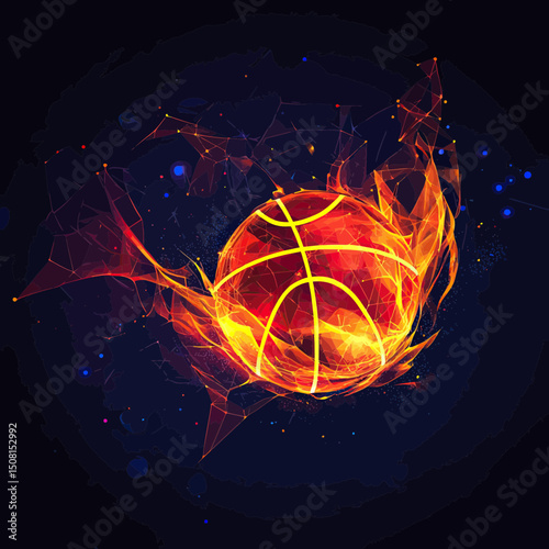 Abstract fiery basketball with polygonal mesh lines and glowing flames on dark background digital sport illustration in modern flat vector style