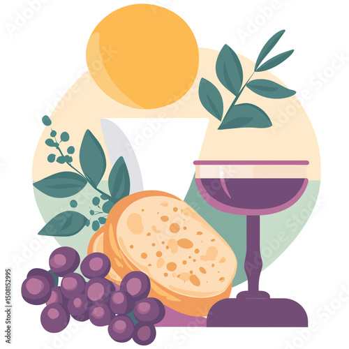 Flat minimalist vector illustration of chalice with wine glass, round host bread, purple grapes, and green leaves symbolic of first communion and religious ceremony concept