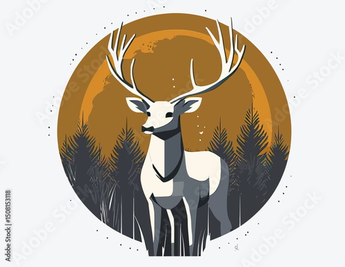 Minimalist flat vector illustration of white deer with large antlers standing in forest with orange moon background nature wildlife silhouette