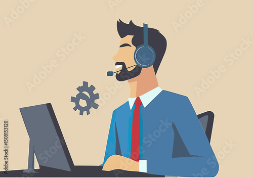 Customer support agent with headset sitting at desk using computer providing technical assistance and remote help with gear icon symbolizing problem solving in flat vector style