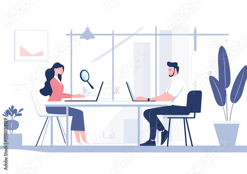 Micromanaging boss watching employee with magnifying glass in modern office workspace flat minimalist vector illustration of excessive supervision at work desk