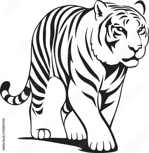 Tiger black and white silhouette majestic art, Roaring tiger graphic bold profile