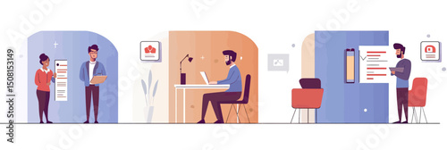 Human resources recruitment process illustration with diverse people reviewing resumes, working on laptop, checking CVs, flat minimalist vector design