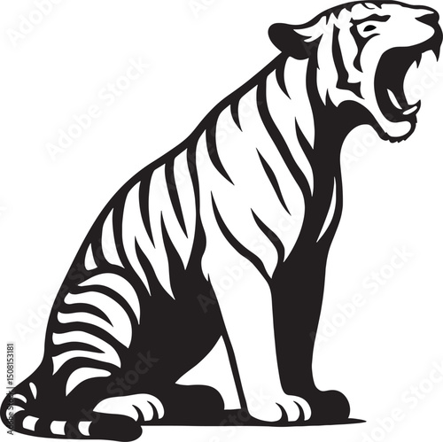 Roaring tiger silhouette powerful stance, Wild tiger black and white fierce design