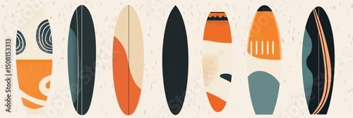 Set of seven colorful flat minimalist surfboards with abstract patterns and modern design on light textured background vector illustration